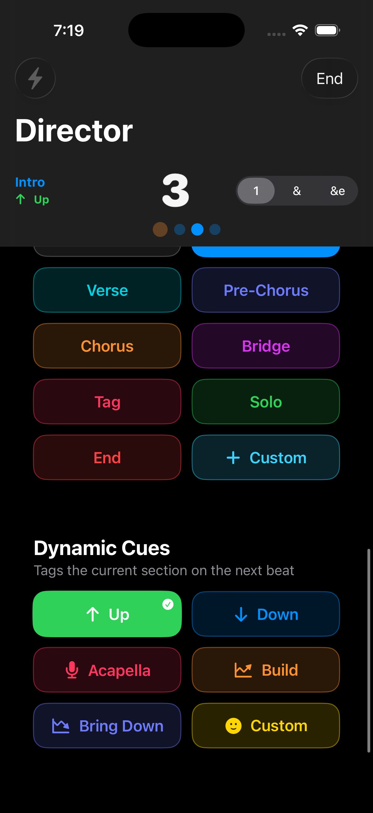 Section cue grid and dynamic cue panel