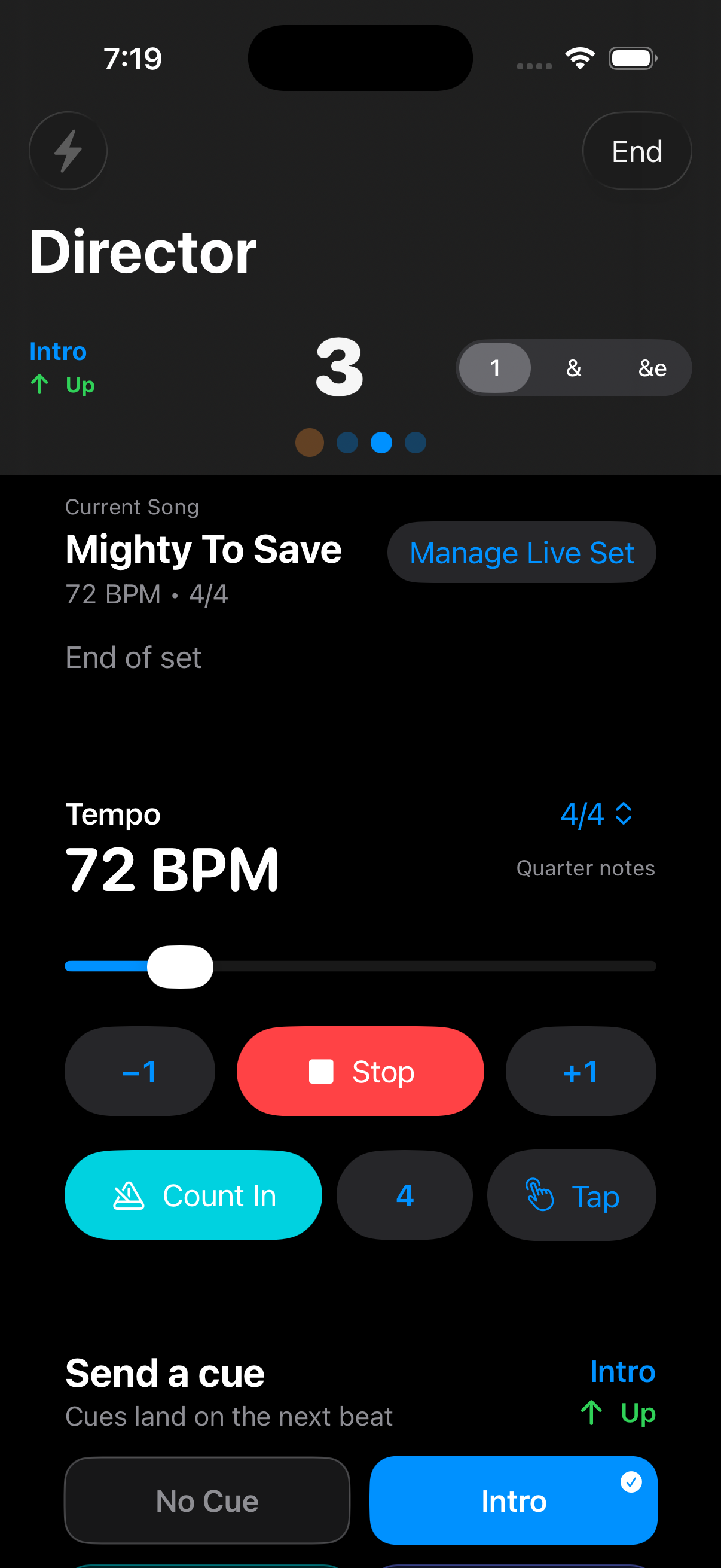 ClickCue director screen with tempo, cues and live set