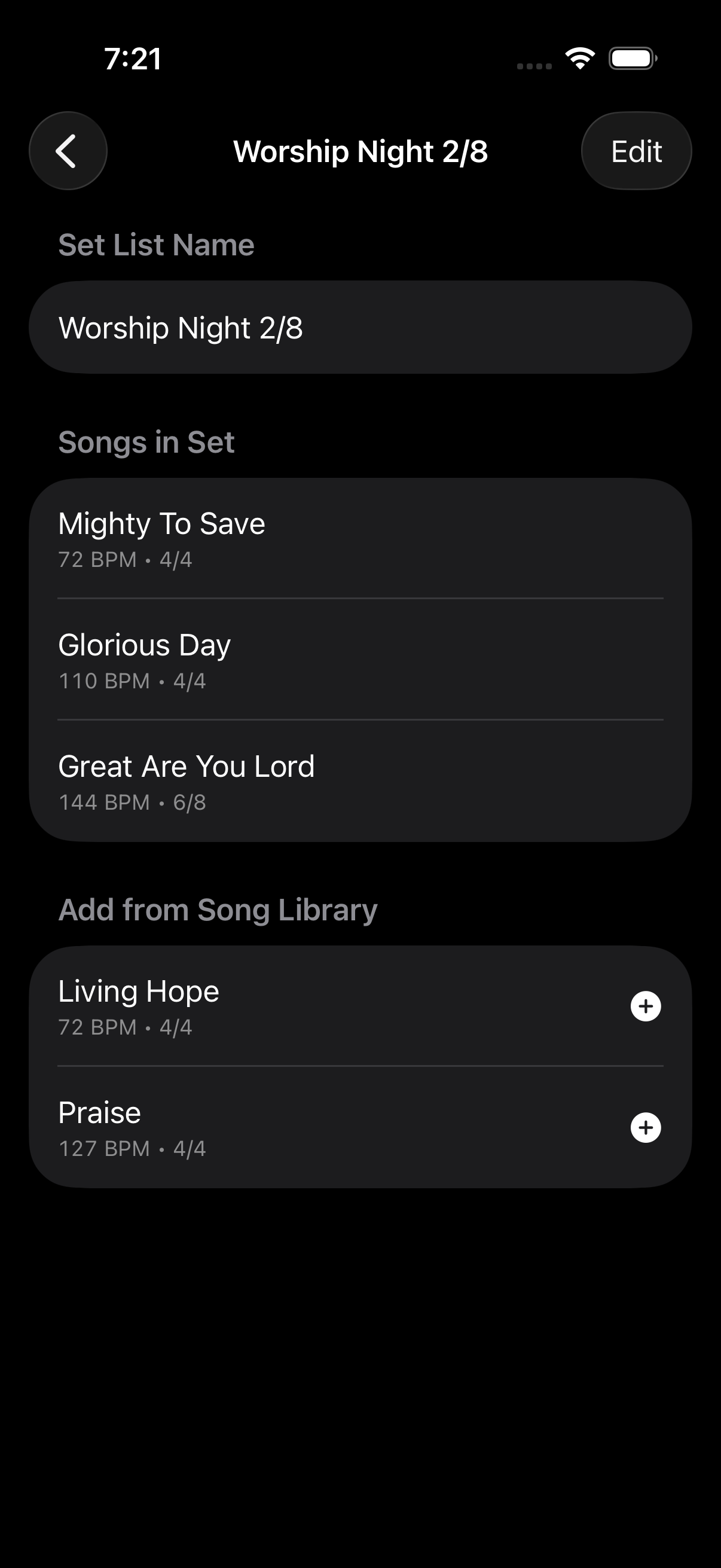 Song library and saved set lists