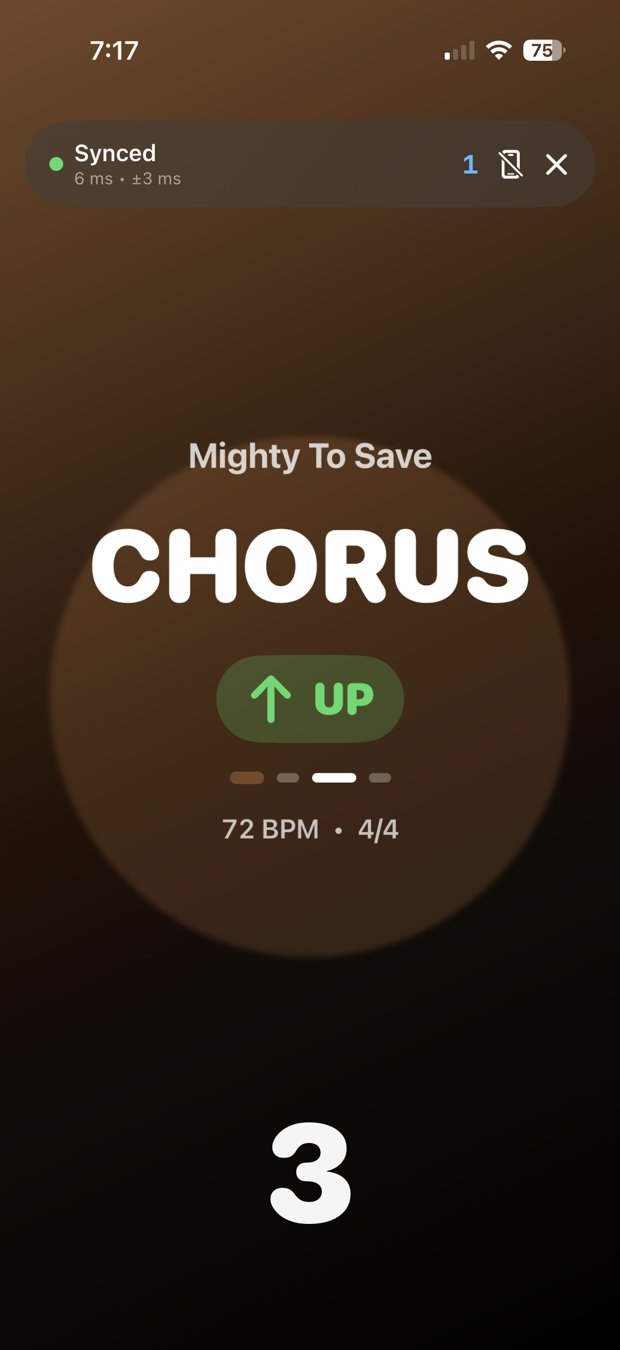 ClickCue musician screen showing a large beat number and the current song section